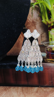 MHASAH Royal Silver & Blue Crystal Jhumki Earring Crystal, Pearl Alloy Jhumki Earring