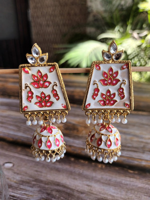 TRANSPIRE White Flower Peacock Design Enamel Polished Stud with Pearl Jhalar Jhumki Beads Alloy Jhumki Earring, Stud Earring