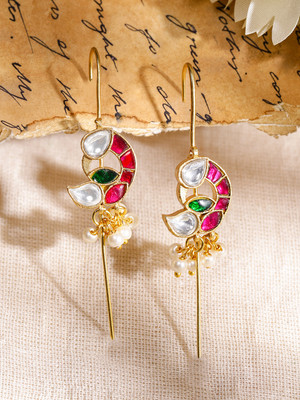 RUBANS 22K Gold-Plated Ruby Pink, Emerald Green & White Kundan Studded Ear Cuff-Pearl Brass Cuff Earring