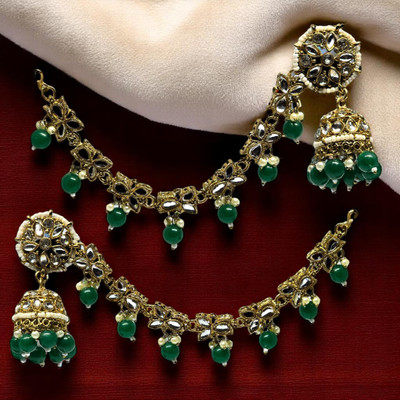 AjaraGems Traditional Kundan & Pearls Bahubali Chain Jhumka Earring For Women & Girls Alloy Earring Set
