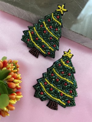 Digital Dress Room Christmas Special Beaded Earrings Christmas Tree Design Stud Earrings For Women Fabric Stud Earring