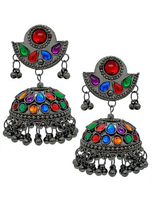 Fashion Fusion Silver Oxidised Meenakari Enamel Jhumka/Jhumki Earrings For Women Alloy Jhumki Earring