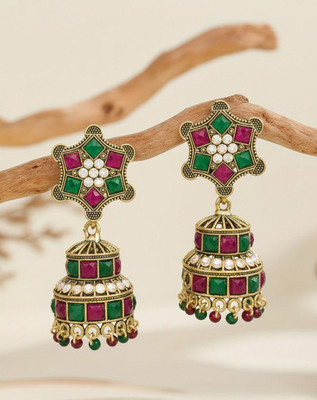 ZuriFinds Ethnic Studded Jhumki Pearl Alloy Jhumki Earring