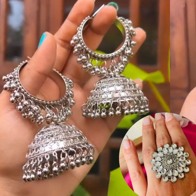 ISLANA Oxidised silver jumbo Earrings for girls and women with Ring Alloy Jhumki Earring