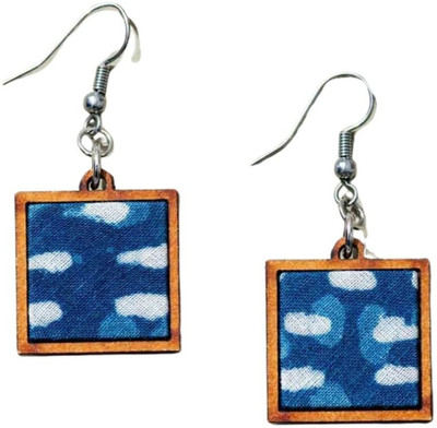 Whe Indigo Upcycled Fabric and Repurposed Wood Square Earrings Wood Ear Thread