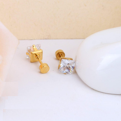 Ruhi Collection Gold color Glittering Square White Crystal Studs 2 Pcs Cubic Zirconia Metal Stud Earring