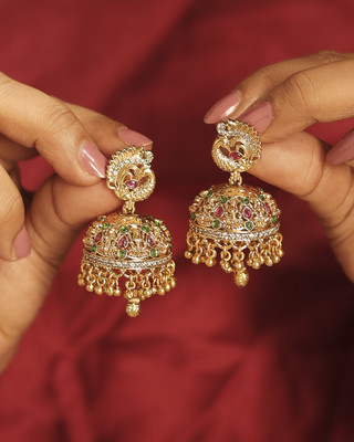 Saloni Fashion Jewellery Peacock Gold Plated Multi Kundan Stone Small Golden Balls Brass Jhumki Earring Cubic Zirconia Brass Jhumki Earring