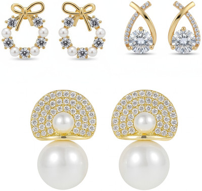 BEAUTYNX Combo Of 3 Stylish Pearl & Crystal Gold-Plated Earrings Pearl Alloy Stud Earring