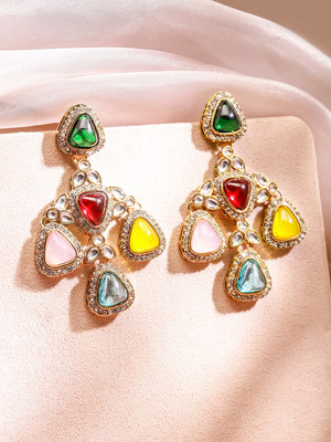 RUBANS 22K Gold-Plated Multicolor Triangle Cubic Zirconia Studded Chandelier Earrings Brass Chandbali Earring