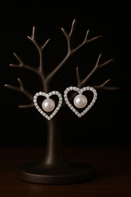 desi drapes DesiDrapes Heart Pearl Crystal Stud Earrings for Women Silver Plated Earrings Crystal Alloy Stud Earring