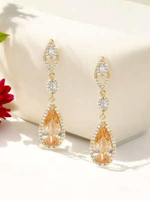 House of Pataudi White Brass-Plated American Diamond Studded Teardrop Shaped Drop Earrings Alloy Stud Earring