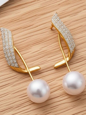 Dressberry Korean Two Ways To Wear Pearl Wing Stud Earrings 2 Pcs/Set Cubic Zirconia Alloy Drops & Danglers