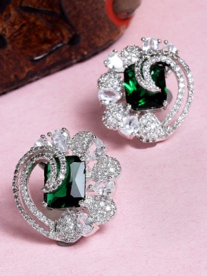 Karatcart Silver Tone Green Floral American Diamond Drop Earrings for Women Alloy Stud Earring