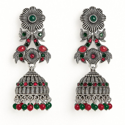 Pralekh Traditional Oxidized Silver Jhumka Earrings with Floral Motifs Beads Metal Jhumki Earring
