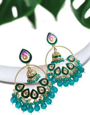 SHILPRI CREATIONS Rama Green & Peacock Blue Crystal-Beads Jhumka Earrings Alloy Chandbali Earring