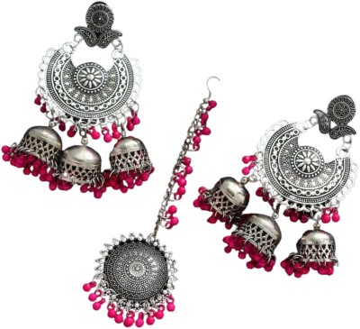 AWLVI Rani Color Oxidised Earrings Tikka Set Beads Alloy Jhumki Earring
