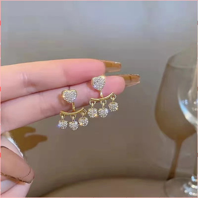 Vembley Korean Studded Heart Tassels Shiny Stud Earrings For Women/Girls Cubic Zirconia Alloy Drops & Danglers