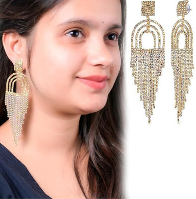 THANU'S CRAFT Gold Plated Stud Dangler Rhine stone Hanging Drop Sparkle Fringe Tassel Crystal Metal Stud Earring