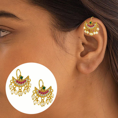 THANU'S CRAFT Traditional Multicolor Crystal Stone Upper Ear Earring Kaan Ki Bali Earrings Pearl, Crystal Metal Cuff Earring