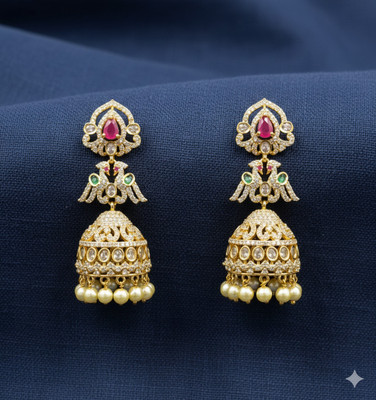 Jewelz Classic AD Gold Jhumki Earrings with Ruby & Diamond Detailing Brass Drops & Danglers