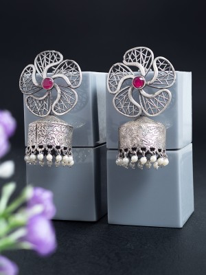 GOLDEN PEACOCK Silver-Toned & Pink Beaded Floral Dome Shaped Jhumkas Earrings Beads Alloy Jhumki Earring