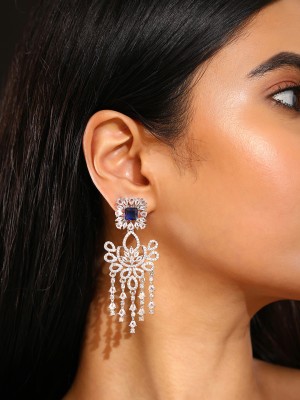 Priyaasi Chic Floral Design Blue Stone AD Silver Plating Tassels Drop Earrings Brass Drops & Danglers