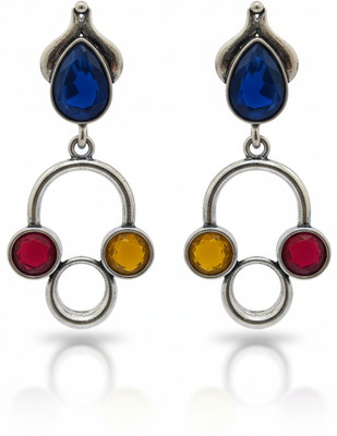 S D Creations Oxidised Silver Drop Earrings with Blue, Yellow, Maroon Stones, Antique Finish Brass Drops & Danglers