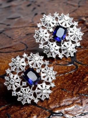 Karatcart Silver Tone Blue Floral American Diamond Drop Earrings for Women Alloy Stud Earring