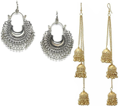 AVR JEWELS Pack of 2 Silver Half Moon Chandbali and Golden Three Layere Jhumki Alloy Chandbali Earring
