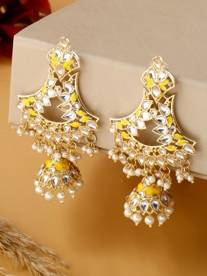 Shoshaa Gold-Plated Yellow Kundan-Studded Handcrafted Drop Earrings with Pearls Brass Drops & Danglers