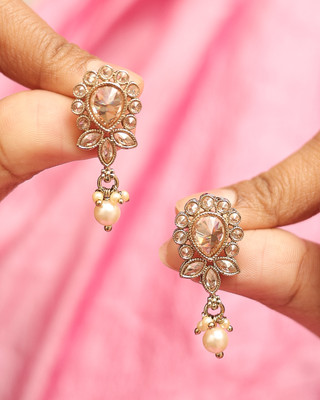 Saloni Fashion Jewellery Exotic Oval and Leaf Design Gold Plated Brown Kundan Stone Dangle Earring Cubic Zirconia Alloy Drops & Danglers