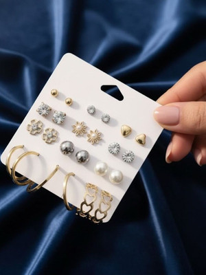 Dressberry Trendy 12-Pair Gold-Plated Earring Combo floral, pearl, heart, & crystal stud Cubic Zirconia Alloy Stud Earring