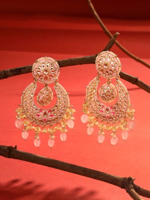 YELLOW CHIMES Traditional Meenakari Chandbali | Gold Toned Pink Meenakari Chandbali Earrings Crystal, Beads Metal Chandbali Earring