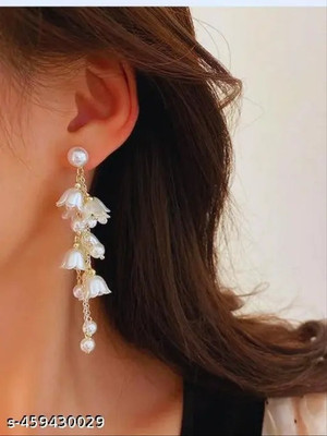 MAHADEV CREATION Pearl Flower Long Earring Crystal Alloy Stud Earring