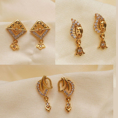 Geminifabrics COMBO SET OF GOLD PLATED ANTI TARNISH AMERICAN DIAMOND CLASSIC EARRING AND STUD. Brass Drops & Danglers