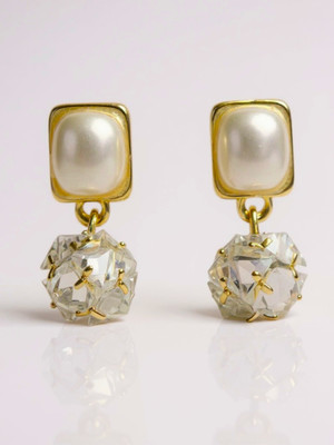 RAPPERSSHOP Geometric Pearl & Crystal Drop Earrings Cubic Zirconia Brass, Glass Drops & Danglers, Stud Earring