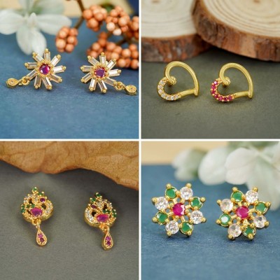 Dency Luxurious 22K Gold Plated Earring Studs 4 Unique Designs Crystal, Diamond Brass Stud Earring