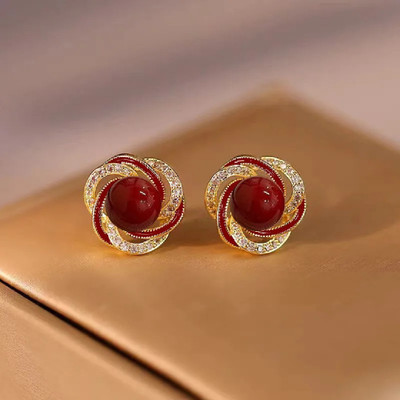 Vivity Latest Stylish Korean Faux Pearl Rhinestone Red Enamel Gold Tone Classy Cubic Zirconia Alloy Rhinestone Studs, Earring Set