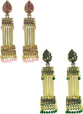Pink Stone by Valentina Pack of 2 Long Dangler Jhumkas | Pink & Green Combo Earrings for Women Alloy Jhumki Earring
