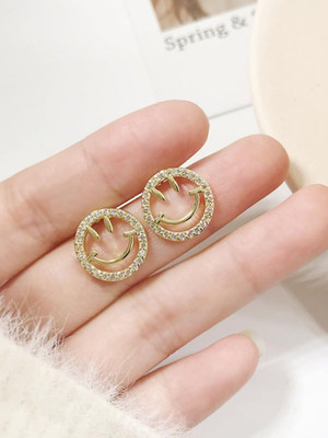 glowtesto Korean Style Korean Smily Shape Style Luxury Golden Metal Studded Earrings Alloy Stud Earring