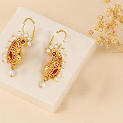 Bawree Charming Oxidised Gold Plated Peacock Bugadi Earrings with Ruby Pink Stone Crystal Metal Clip-on Earring