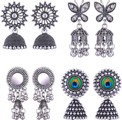 MEENAZ oxidised earrings jhumki silver combo party stylish simple small jhumka 4 set Beads, Pearl, Cubic Zirconia Brass, Enamel, Copper, Zinc, Stone Chandbali Earring, Earring Set, Jhumki Earring