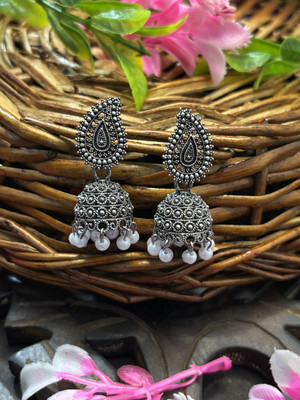 SHYAMZAN Antique Silver Oxidized Jhumka Earrings with Pearls & Filigree Design Alloy Jhumki Earring