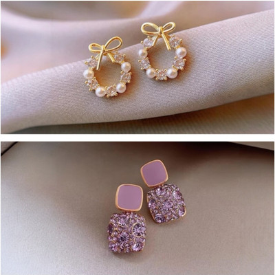 Tiso Pack of 2 Small Cute Bow Korean Earrings Stone Pearl Earrings for Girls Women Crystal, Cubic Zirconia, Pearl Alloy, Brass, Stone Drops & Danglers, Earring Set, Hoop Earring, Rhinestone Studs, Stud Earring