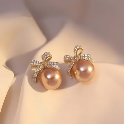 Mystic Collections Gold Plated Bow Shape Pearl Stud Earrings Pearl Alloy Stud Earring