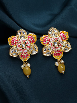 ANOUK Women Gold-Plated Kundan Floral Shaped Enamelled Drop Earrings Brass Drops & Danglers