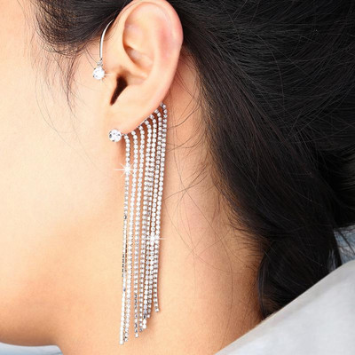 JDENTERPRISES Korean Silver Studded Chain Tassels Ear Cuff Earrings For Women/Girls Cubic Zirconia Alloy Cuff Earring
