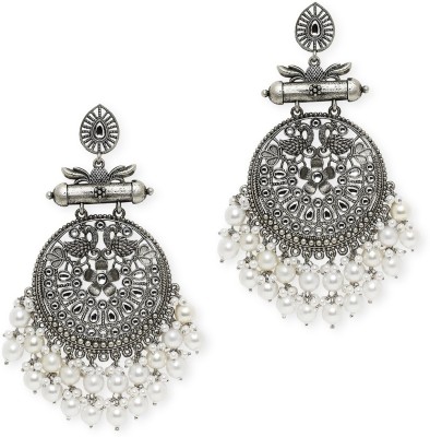 fabula Oxidised Silver Kundan & Pearls Peacock Design Ethnic Large Drop Beads, Crystal Alloy Drops & Danglers