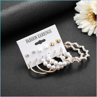 JDENTERPRISES Combo of 6 Pair Gold Plated Heart Stone Stud And Pearl Hoop Earrings For Women Pearl Alloy Hoop Earring