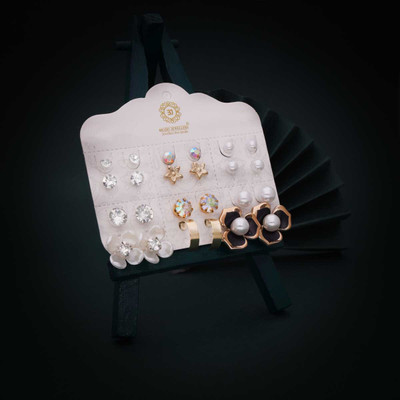 Vedda 12 pairs with a mix of classic and contemporary designs Diamond, Garnet, Ruby Brass Stud Earring
